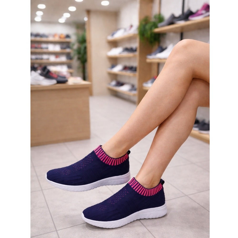 Womens Navy Blue Pink Knit Slip On Walking Sneakers‎ Lightweight Athletic Shoes